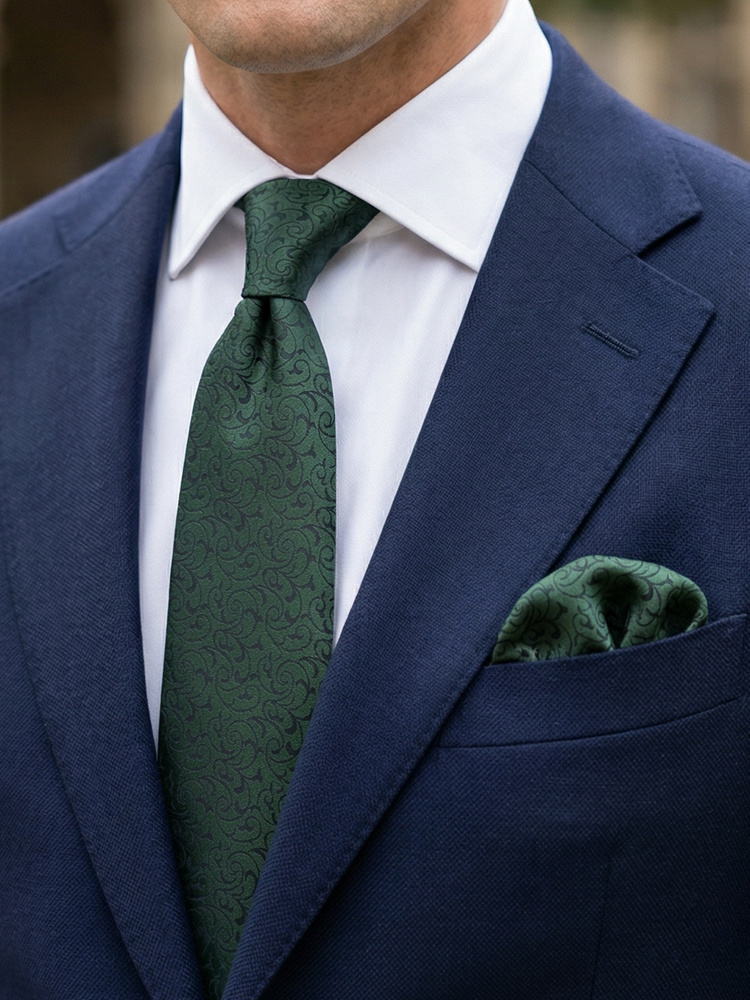 Dunkelgrüne Seidenkrawatte & Einstecktuch Lusso