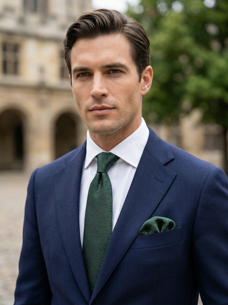 Dunkelgrüne Seidenkrawatte & Einstecktuch Lusso