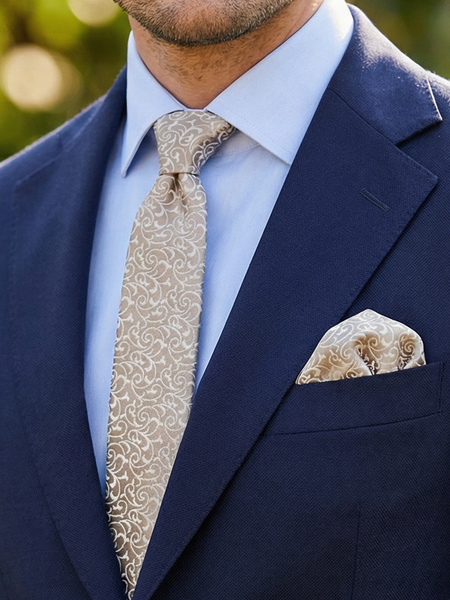 Gold-beige silk skinny tie & hanky Lusso