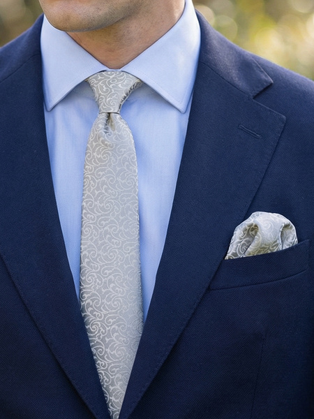 Silver silk skinny tie & hanky Lusso