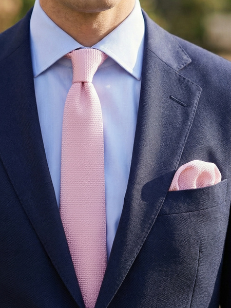 Light pink silk grenadine skinny tie & hanky