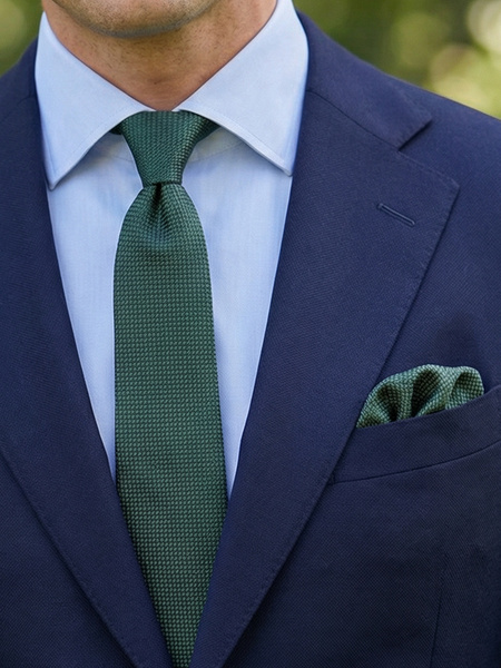 Dark green silk grenadine skinny tie & hanky