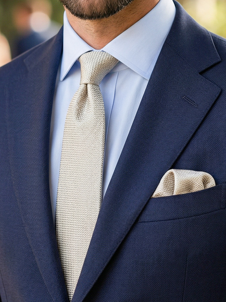 Beige silk grenadine skinny tie & hanky