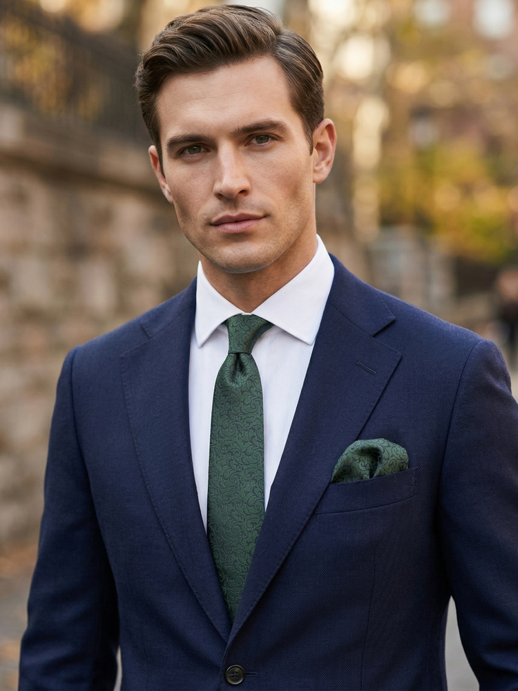 Dunkelgrüne schmale Seidenkrawatte & Einstecktuch Lusso