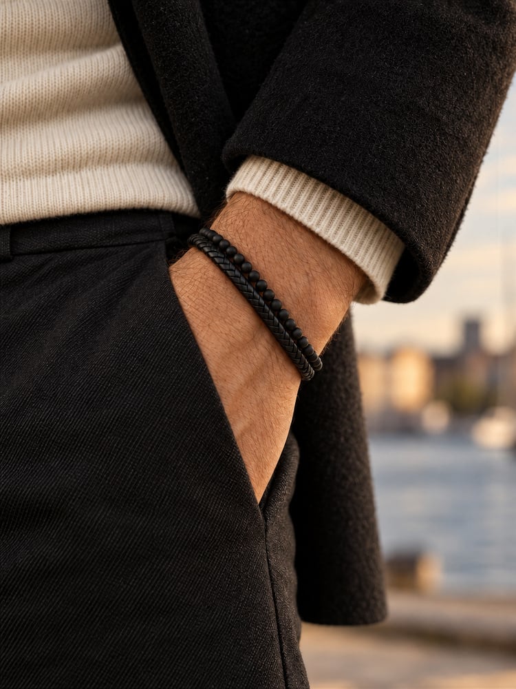 Black leather & Onyx bracelet fusion