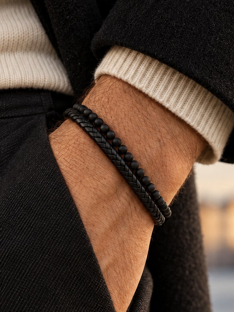 Black leather & Onyx bracelet fusion