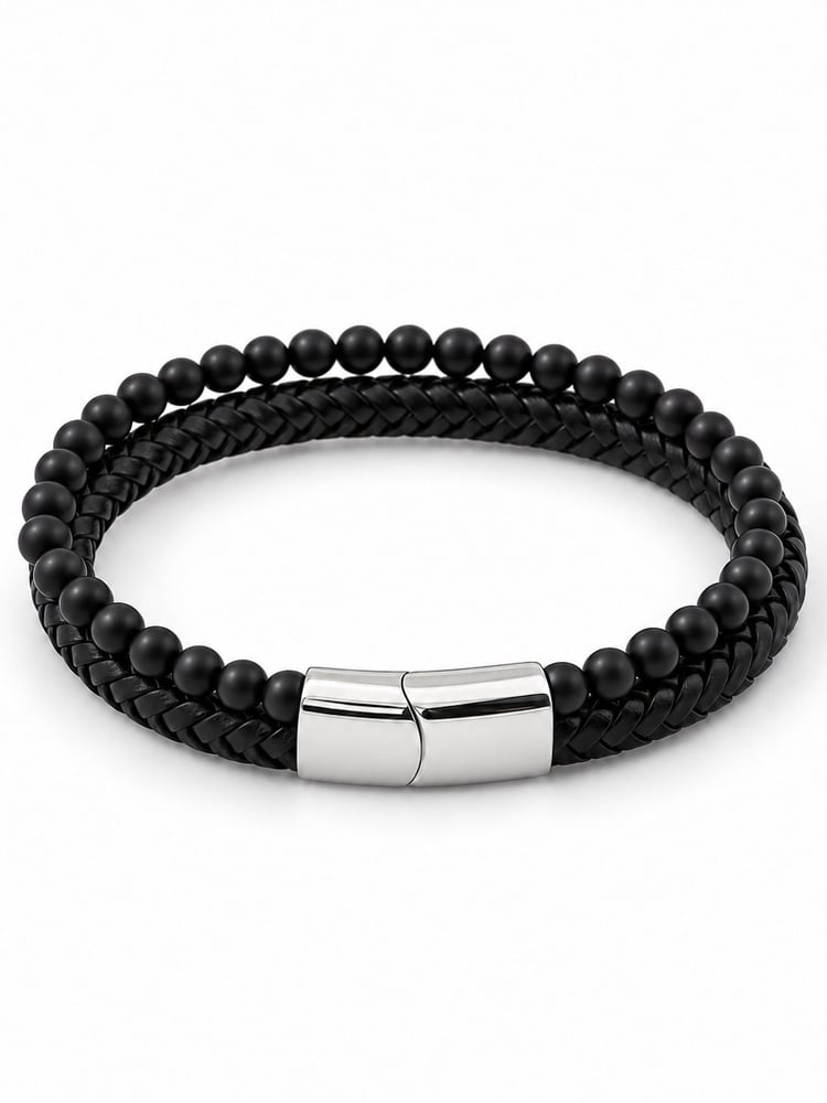 Black leather & Onyx bracelet fusion
