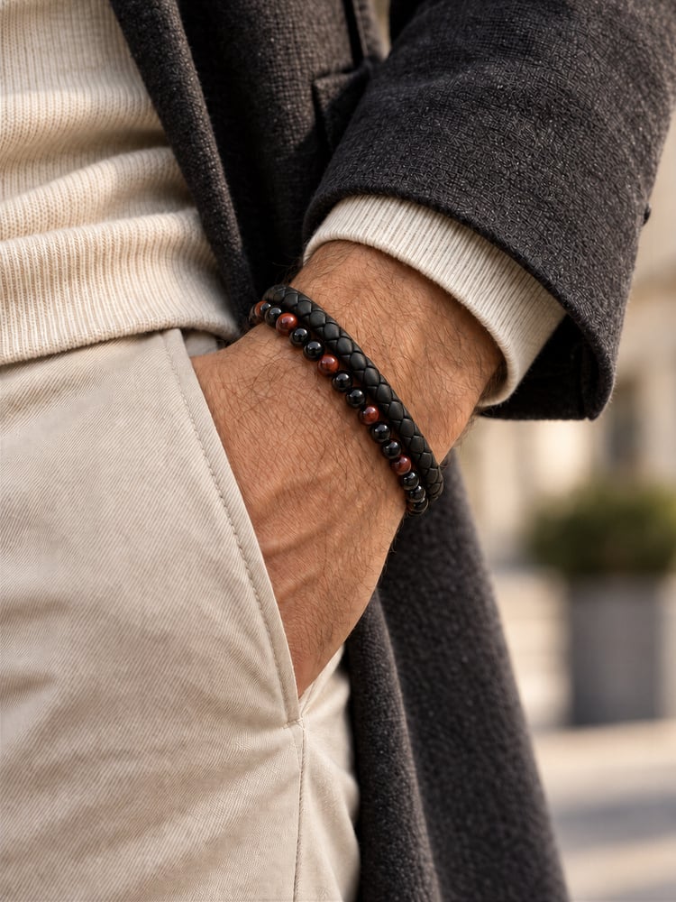Black Leather & Tiger Eye Bracelet Grand Fusion