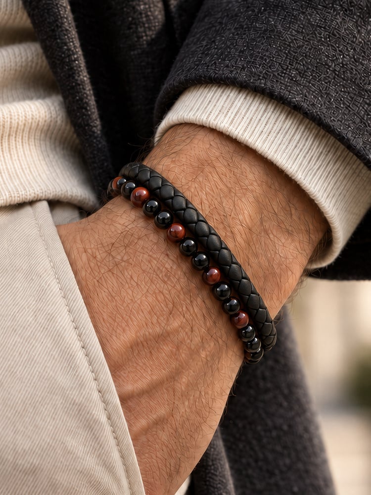 Black Leather & Tiger Eye Bracelet Grand Fusion