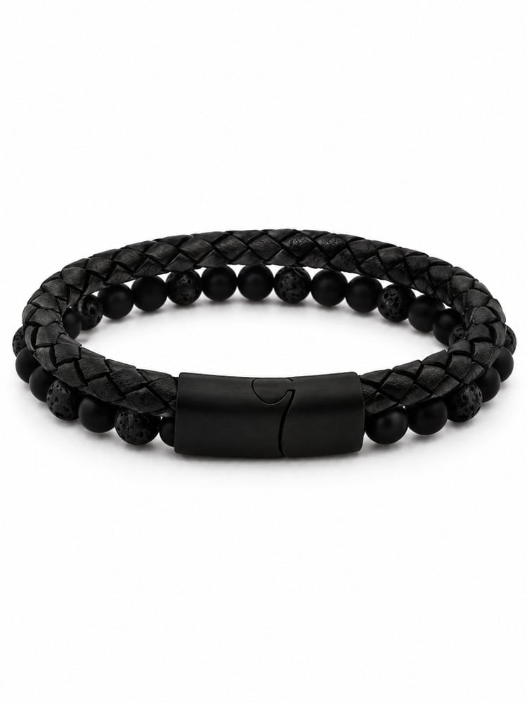 Black Leather & Lava Stone Bracelet Grand Fusion