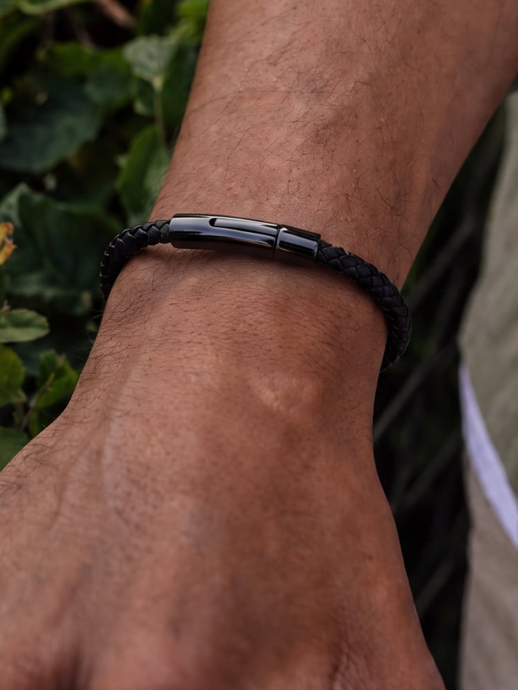 Black leather bracelet with black buckle