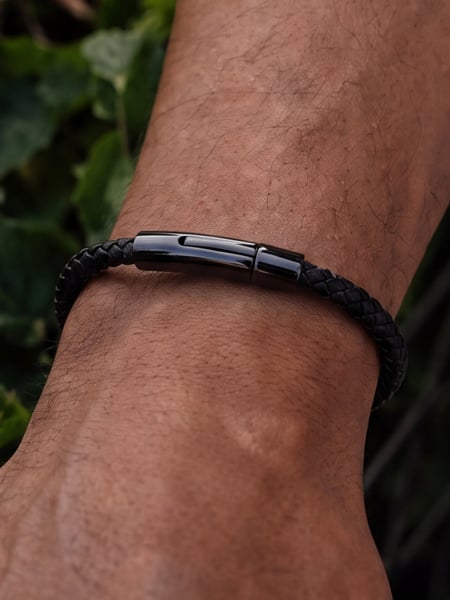 Black leather bracelet with black buckle