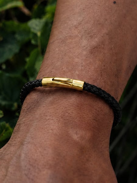 Black leather bracelet gold