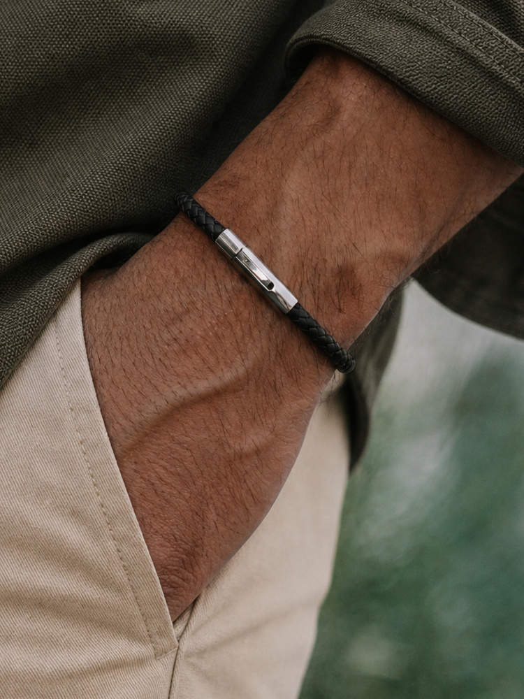 Black leather bracelet silver
