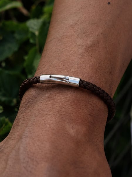 Dark brown leather bracelet silver