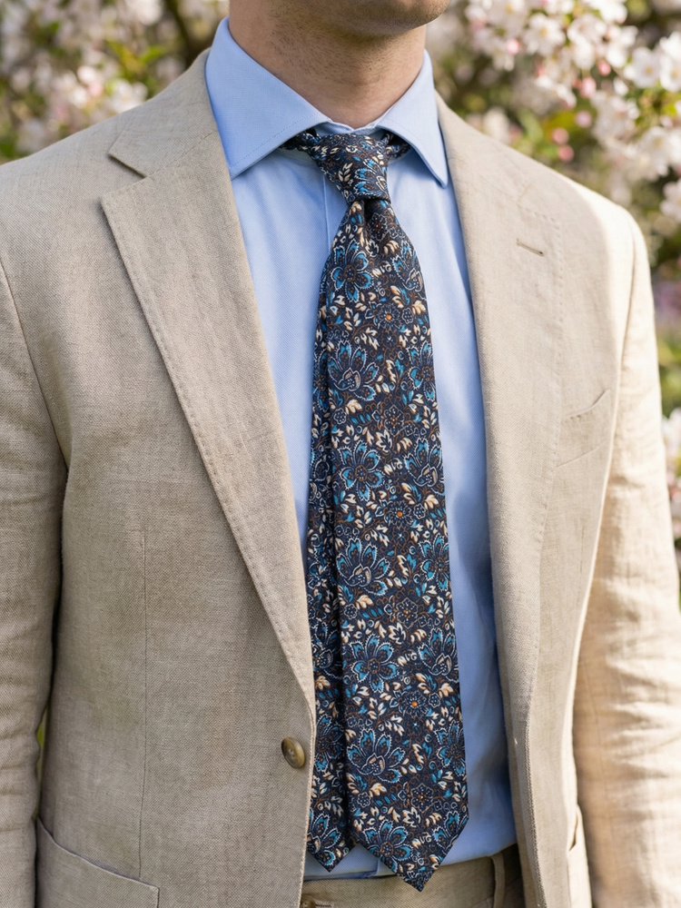 Μπλε ναυτική γραβάτα με λουλούδια Fiori