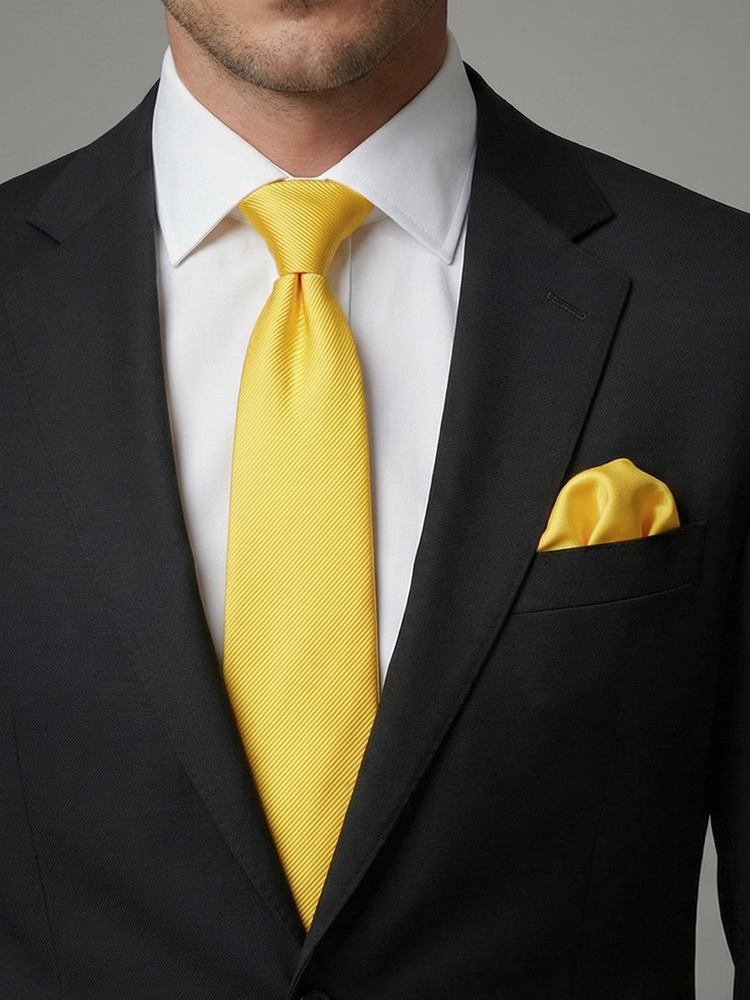 Cravată galbenă și batistă de buzunar