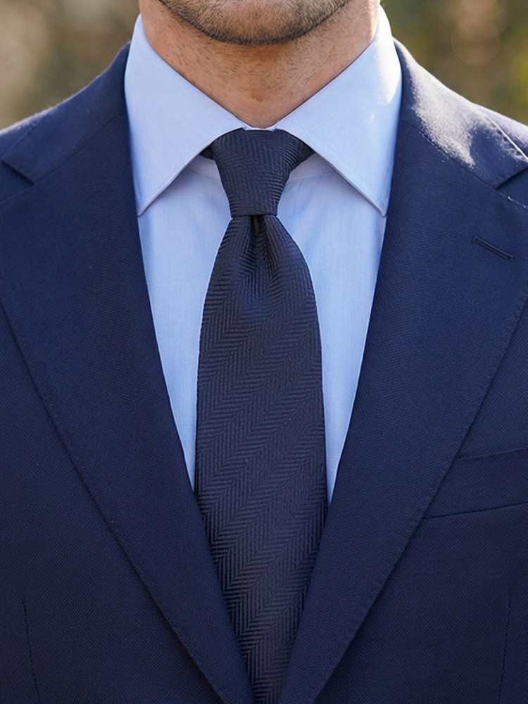 Navy herringbone shantung tie