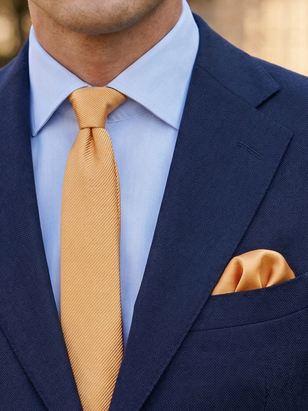 Corbata estrecha amarillo crema & pañuelo de bolsillo