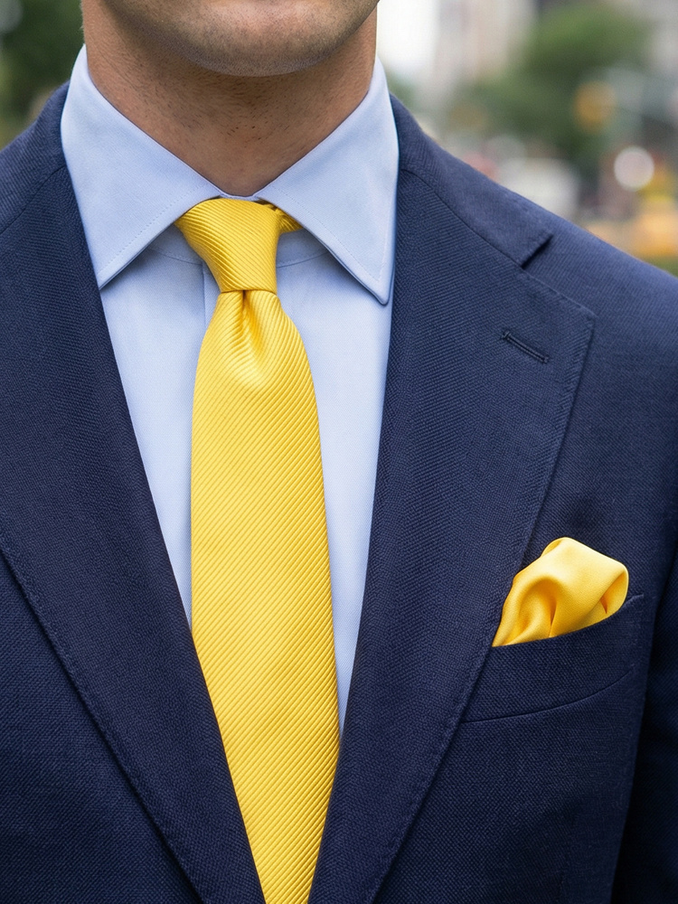 Corbata estrecha amarilla & pañuelo de bolsillo