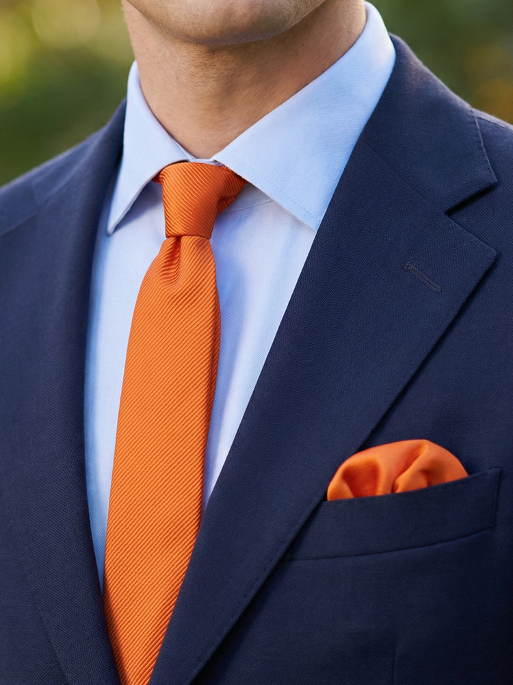 Cravatta arancione ruggine stretta & pochette da taschino
