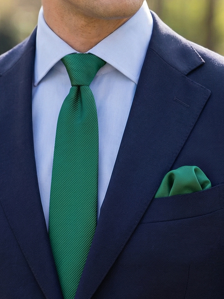 Cravate vert émeraude foncé étroite avec pochette de costume