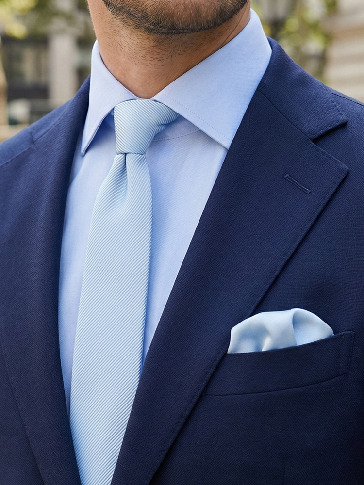 Cravată îngustă albastru foarte deschis și batistă de buzunar