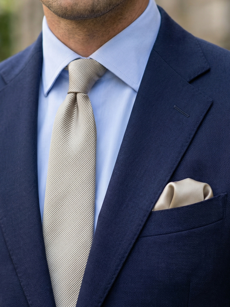 Wąski beżowy greige krawat i poszetka